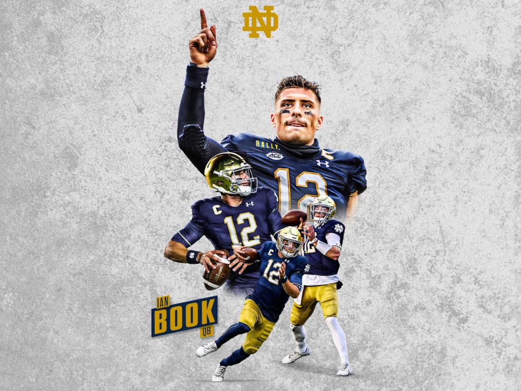 Notre Dame Fighting Irish quarterback Ian Book action collage digital wallpaper design