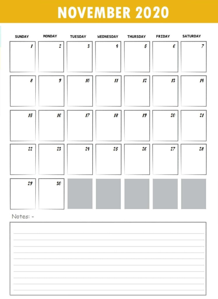 November 2020 calendar wallpaper minimalist design bold yellow header clear date boxes