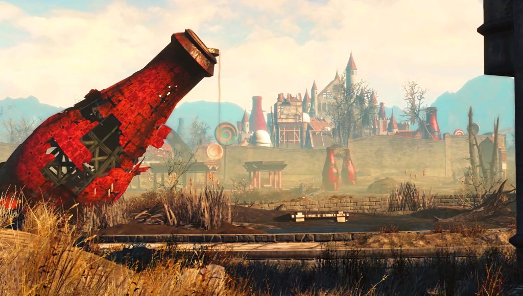 Nuka-World Fallout 4 wallpaper with rusted red Nuka-Cola bottle and abandoned amusement park view