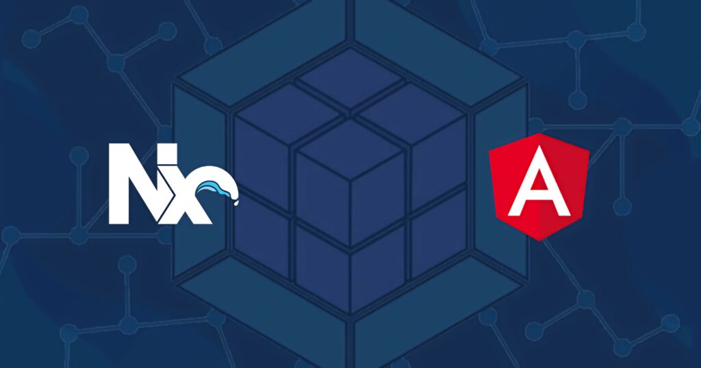 Nx and Angular logos on geometric blue network background for modern web development wallpaper