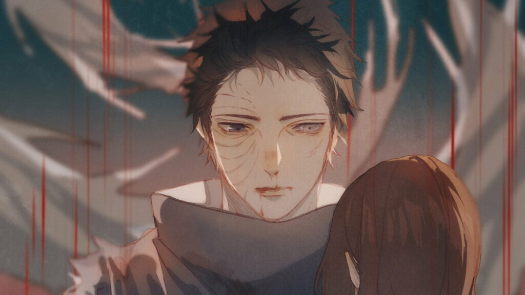 Obito Uchiha and Rin Nohara close-up anime wallpaper with scars and red accents background