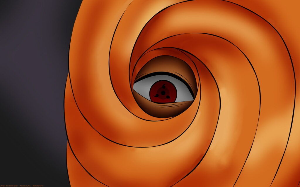 Close-up of Obito Uchiha orange spiral mask with red Sharingan anime wallpaper background