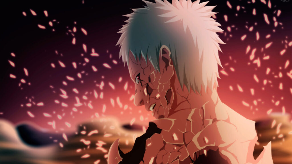 Obito Uchiha's Demise: A Captivating Naruto Wallpaper Unveiling Obito's Disintegration Against a Mysterious Crimson Backdrop