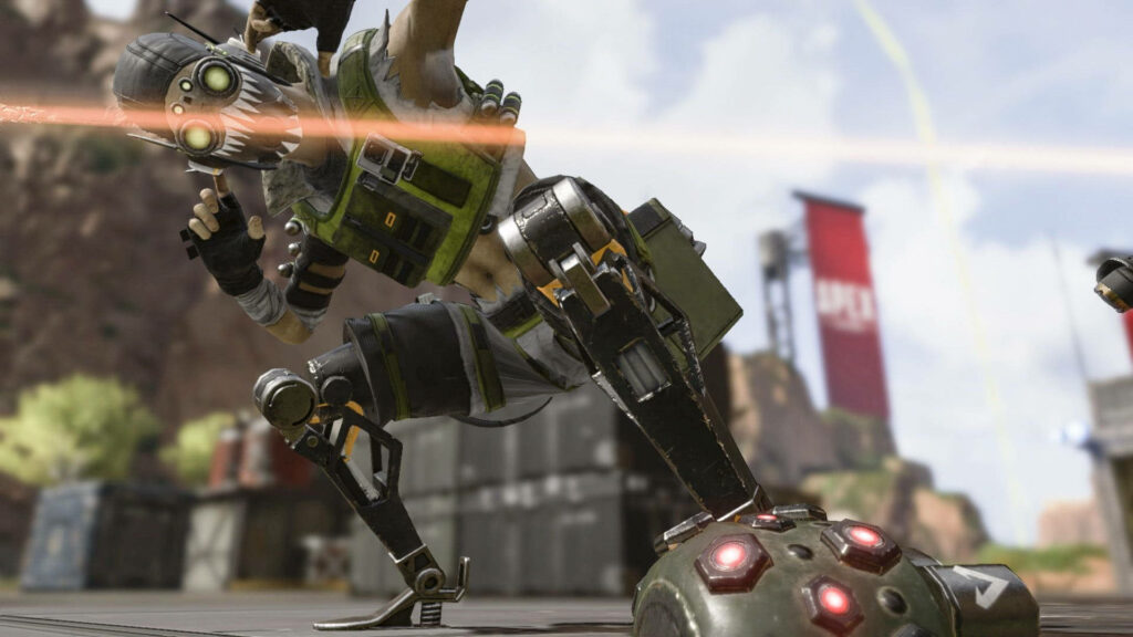 Octane from Apex Legends smiling mid-action on dynamic battlefield wallpaper background
