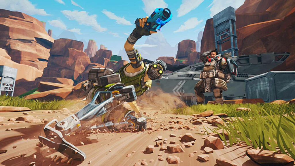 Octane from Apex Legends racing across rugged desert terrain showcasing agility and speed Wallpaper