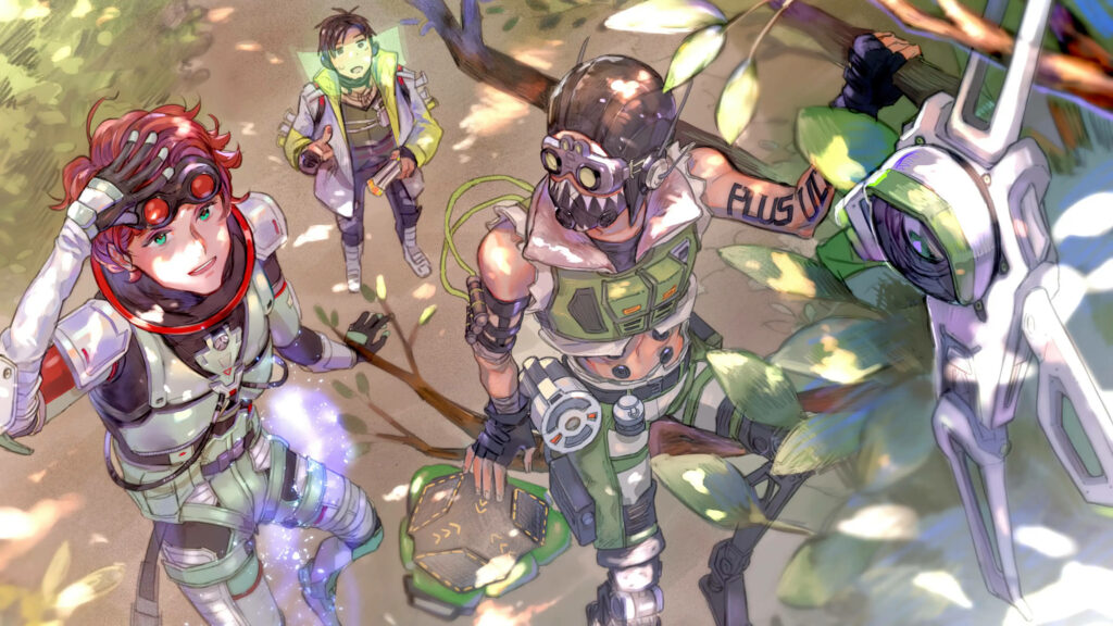 Octane from Apex Legends jumping with vibrant energy in lively illustrated forest wallpaper background