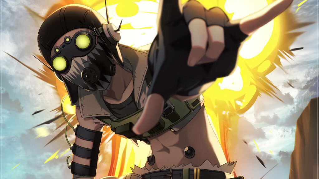 Octane from Apex Legends in signature mask striking bold pose with explosive dynamic wallpaper background