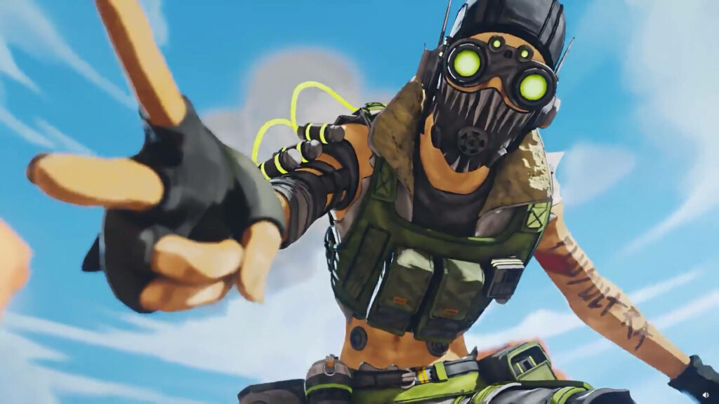 Octane from Apex Legends reaching out energetically against bright blue sky dynamic wallpaper