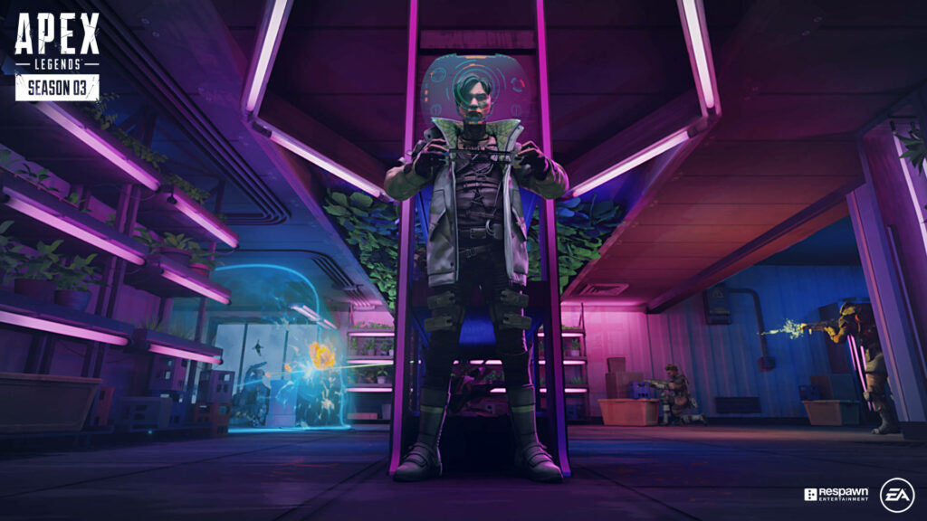 Octane from Apex Legends on neon-lit futuristic street with vibrant urban lights wallpaper background