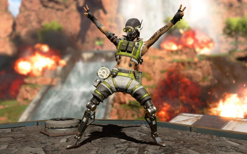 Octane Apex Legends victory pose with explosions and waterfalls high energy game wallpaper background