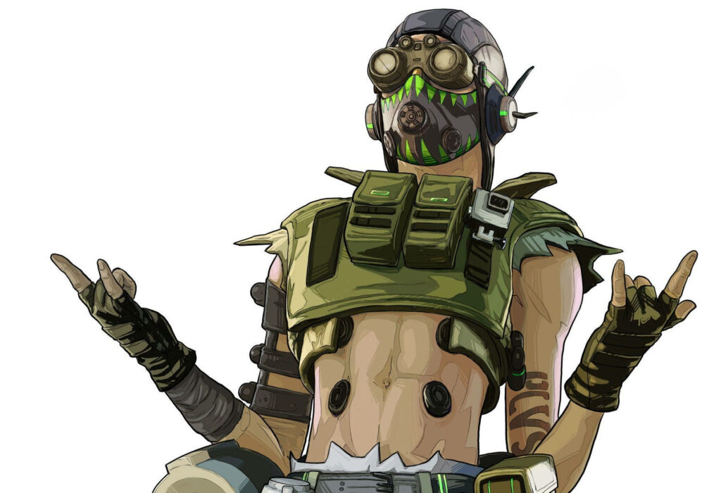 Octane from Apex Legends in black goggles and mask posing boldly on white background wallpaper