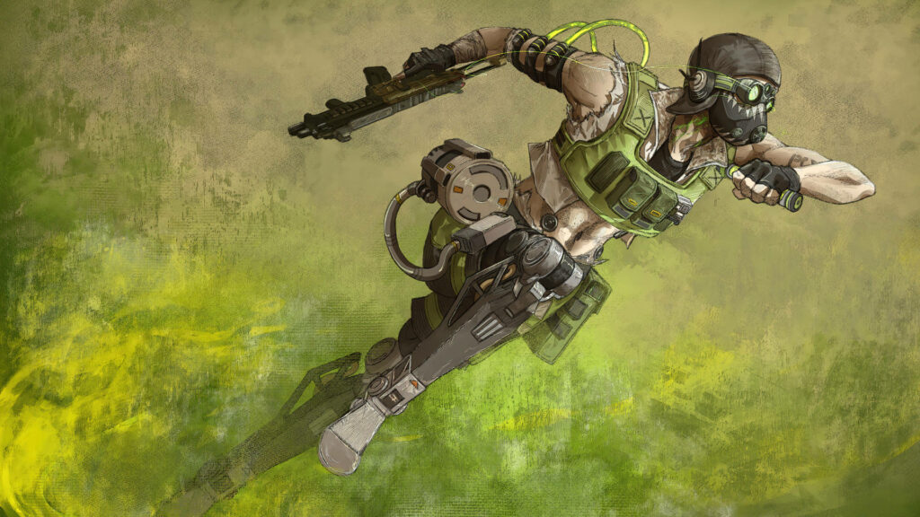 Octane from Apex Legends bursts through green energy holding a weapon highlighting speed and action Wallpaper