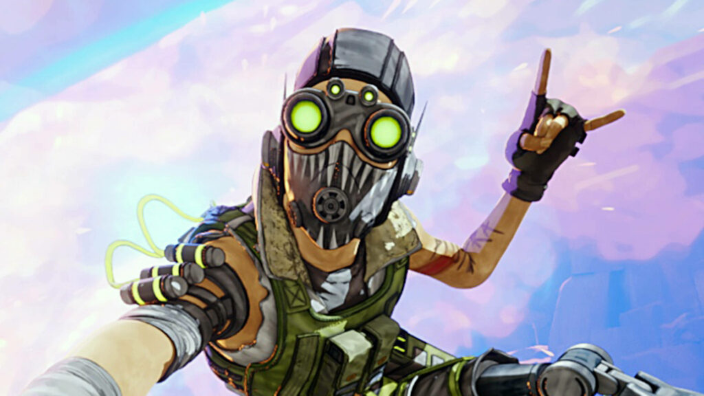 Octane from Apex Legends in dynamic pose with green goggles vibrant action-packed wallpaper background