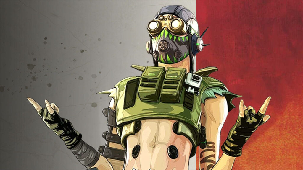 Octane from Apex Legends in signature gear making rock on hand sign against split background Wallpaper