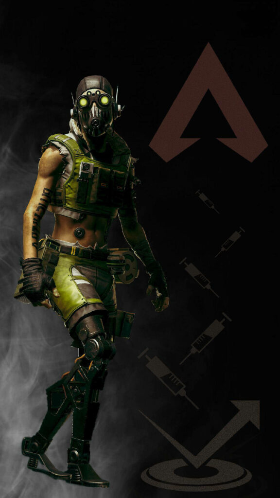 Octane from Apex Legends in green gear with cybernetic legs on dark background with logo and syringe Wallpaper