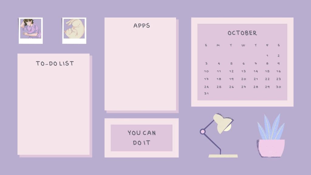 Lavender October desktop organizer wallpaper with calendar to-do list apps and motivational note