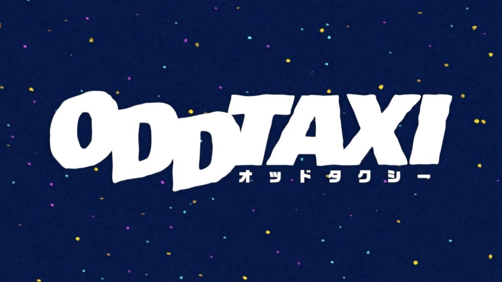 Odd Taxi Logo Wallpaper: Bold White Text on Dark Blue Confetti Background