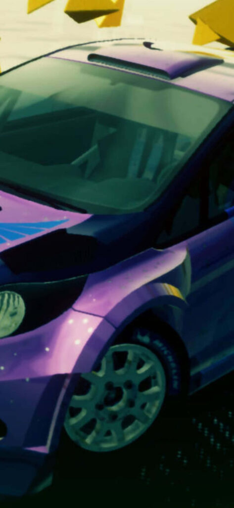 Dirt 3 Rally Car Close-Up: Dynamic Purple & Blue Livery with Abstract Motion Background Wallpaper