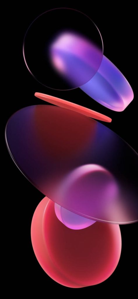 Redmi K40 wallpaper with abstract red pink purple lenses 3D depth effect on black background