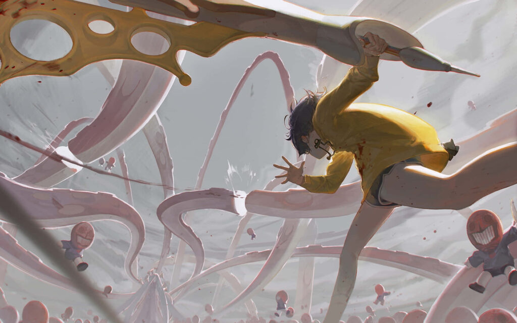 Ohto facing swirling tentacles in surreal chaotic scene from Wonder Egg Priority wallpaper background