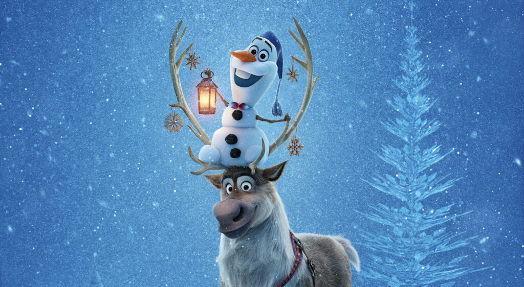 Olaf and Sven CGI wallpaper from Disney’s Frozen Adventure with glowing lantern and snow