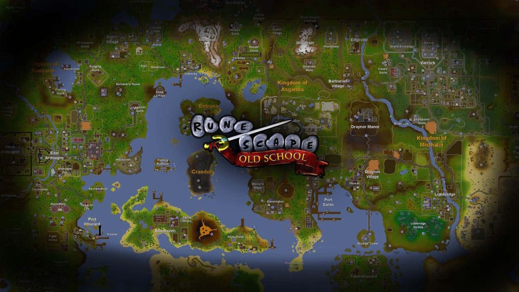 Old School RuneScape world map wallpaper featuring Varrock and Lumbridge with OSRS logo