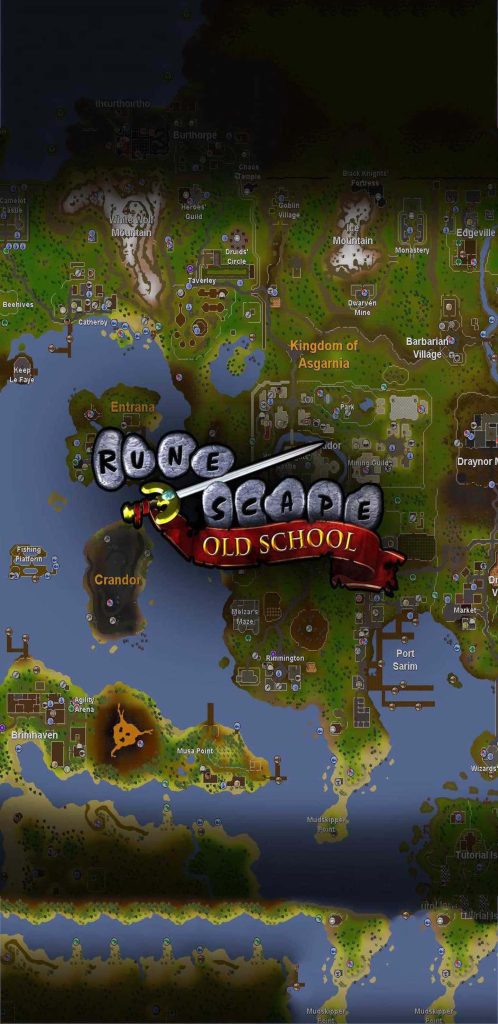 Old School RuneScape wallpaper detailed isometric map featuring Asgarnia Port Sarim and OSRS logo