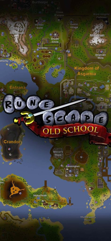 Old School RuneScape wallpaper detailed world map Asgarnia Crandor with iconic OSRS logo sword banner