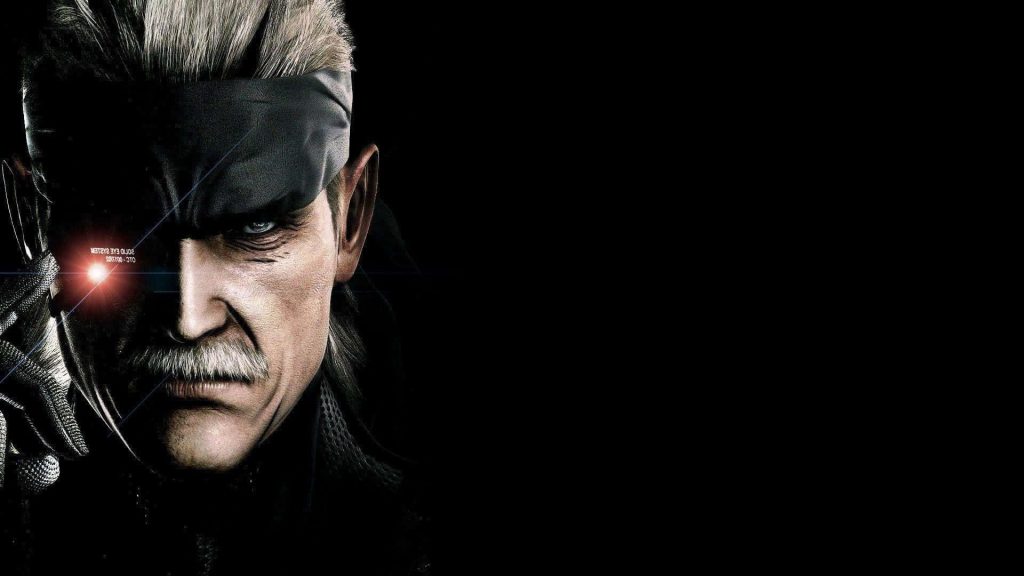 Close-up of Old Snake from Metal Gear Solid 4 with glowing red eye on dark minimalist background Wallpaper