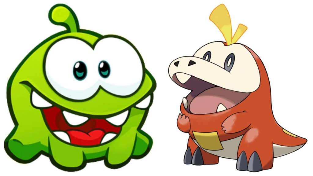 Vibrant Cut the Rope Om Nom and Pokémon Fuecoco crossover wallpaper in cartoon style on white background