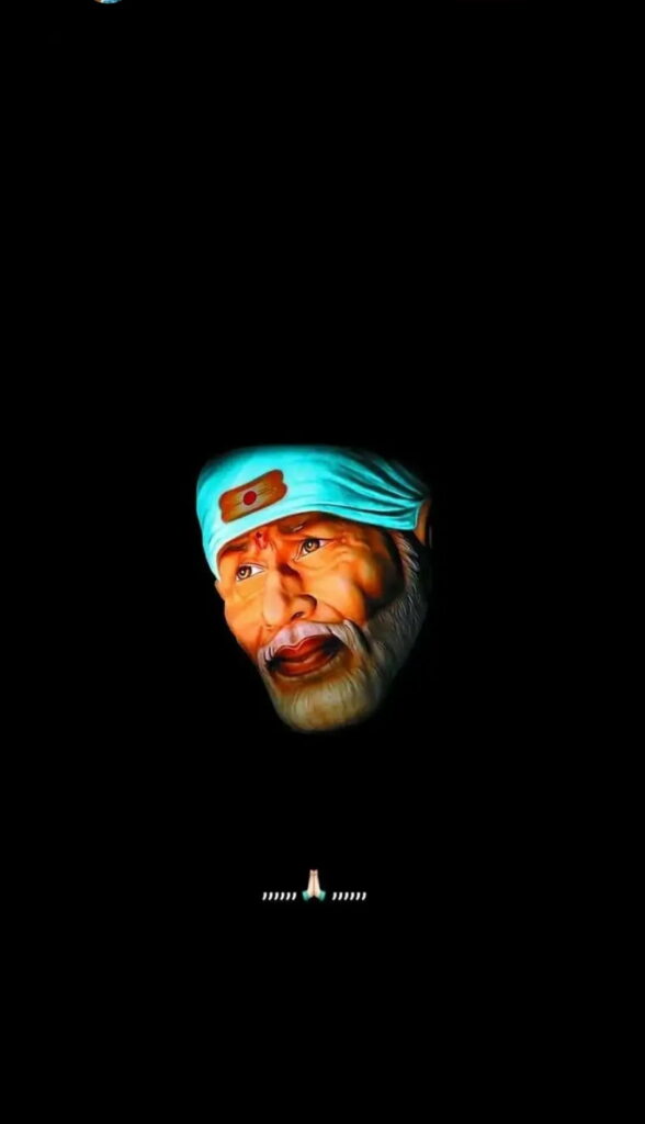 Shirdi Sai Baba serene face digital art with blue headcloth and namaste icon on black background Wallpaper