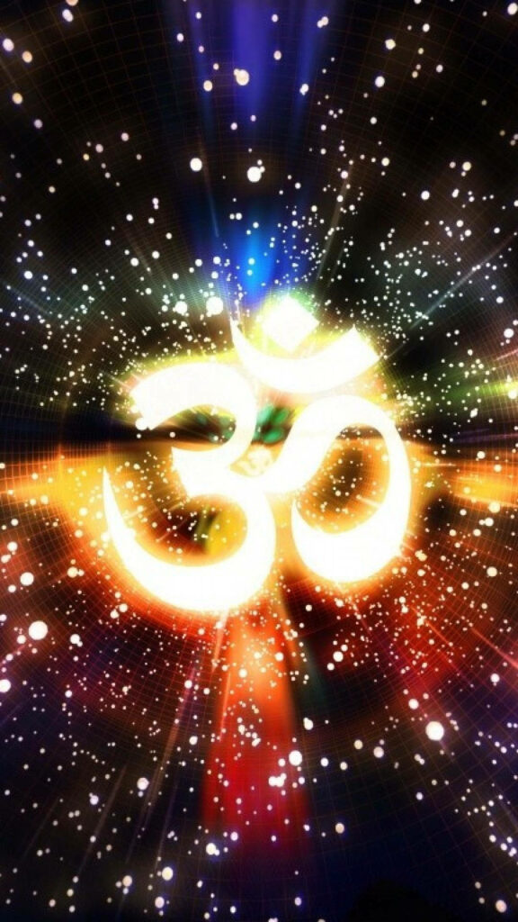 Infinity Illuminated: Celestial Om Symbol Dazzles in Cosmic iPhone Image, Embracing the Essence of the Universe and Eternal Truth Against a Stellar Hindu Iphone Background Wallpaper