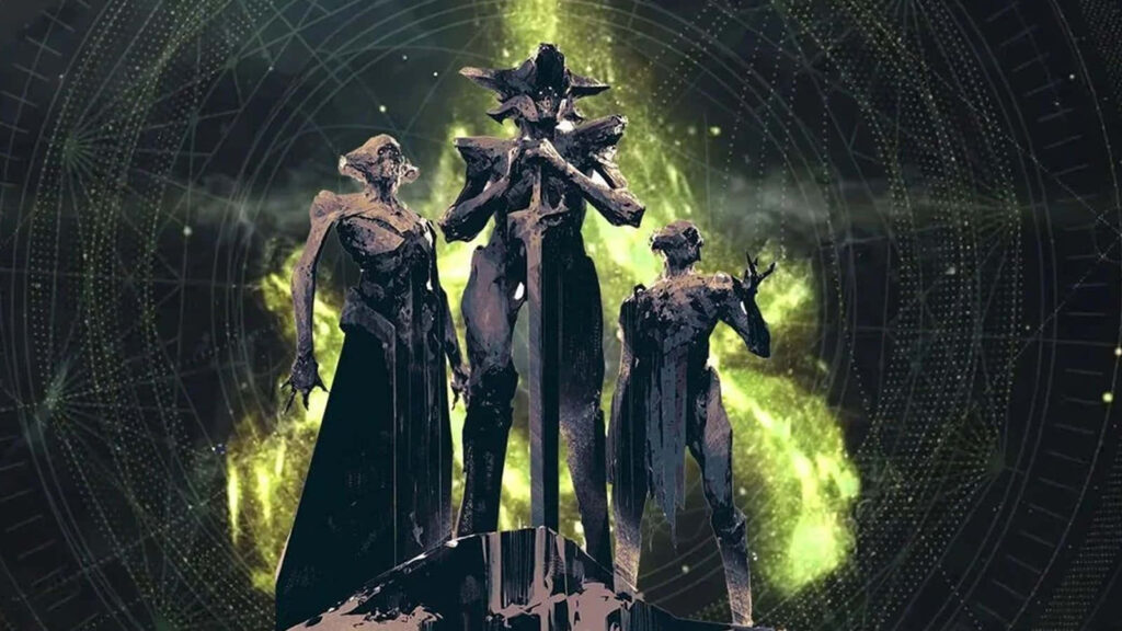 Ominous Mystical Wallpaper: Fantasy Figures on Glowing Green Background