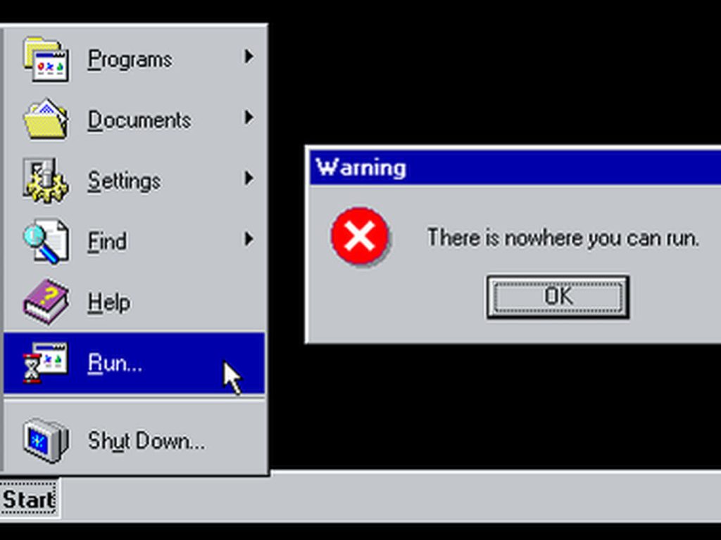 Retro Windows 95 horror wallpaper with open Start menu and warning dialog on dark background