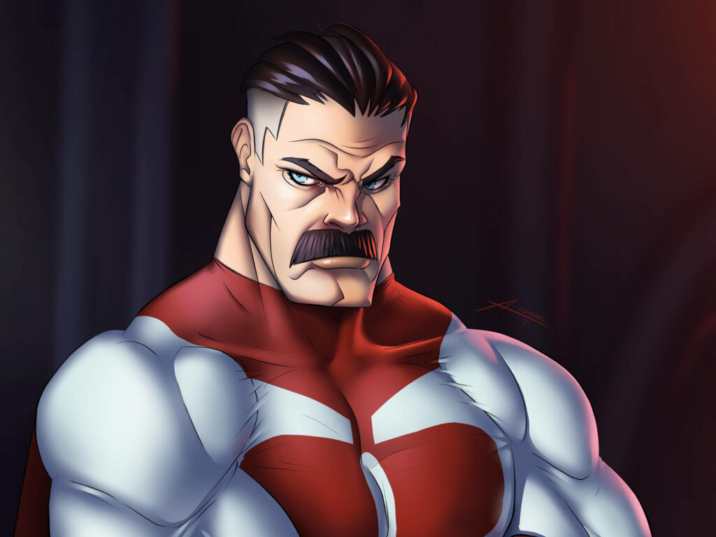 Omni-Man Digital Art Wallpaper: Intense Expression & Iconic Suit
