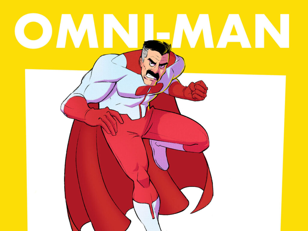 Omni-Man Wallpaper: Bold Hero Pose in Vibrant Yellow Background