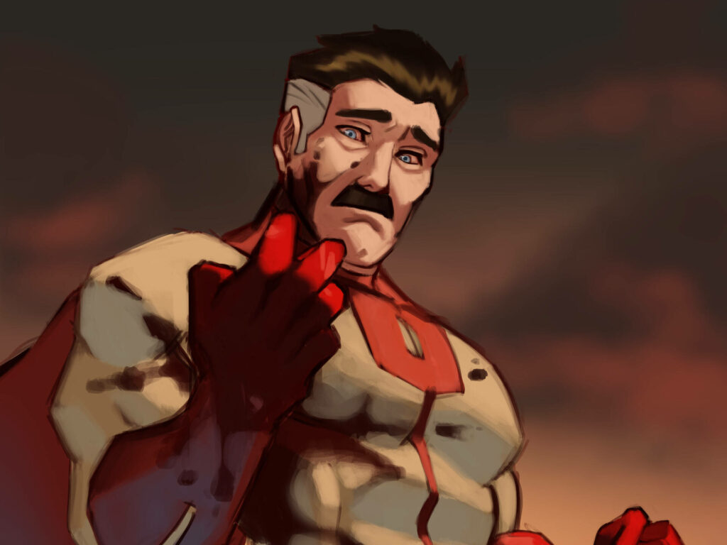 Omni-Man Wallpaper: Intense Expression & Battle Ready Background