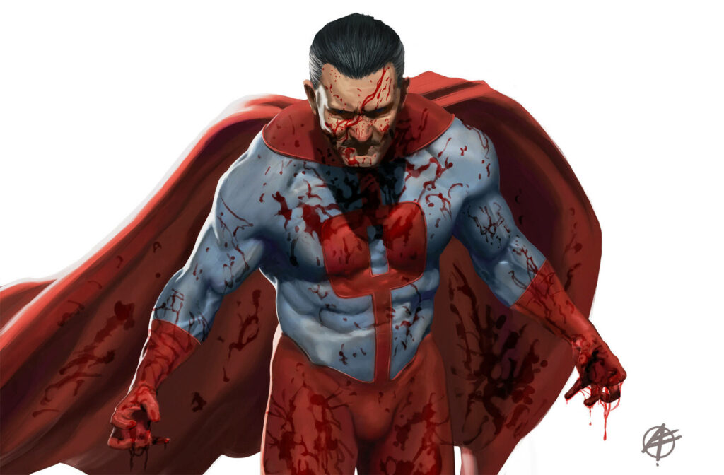 Menacing Omni-Man Wallpaper: Fierce and Bloodied Invincible Hero