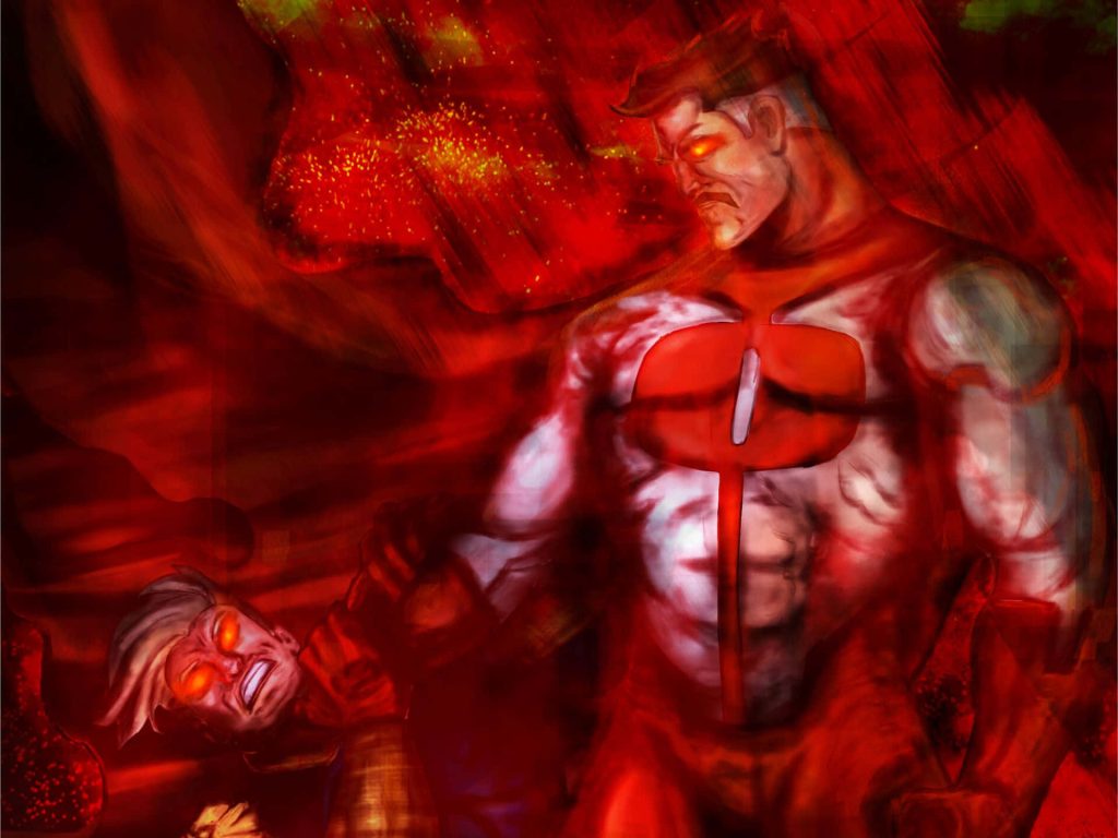 Omni-Man vs Homelander intense digital art battle wallpaper with dramatic red lighting background