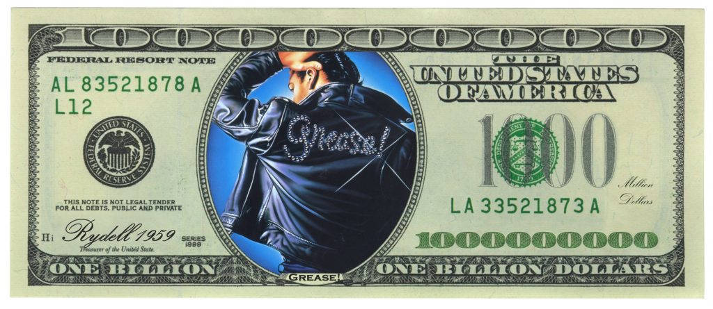 Danny Zuko Grease One Billion Dollar Bill wallpaper Rydell 1959 leather jacket vintage currency design