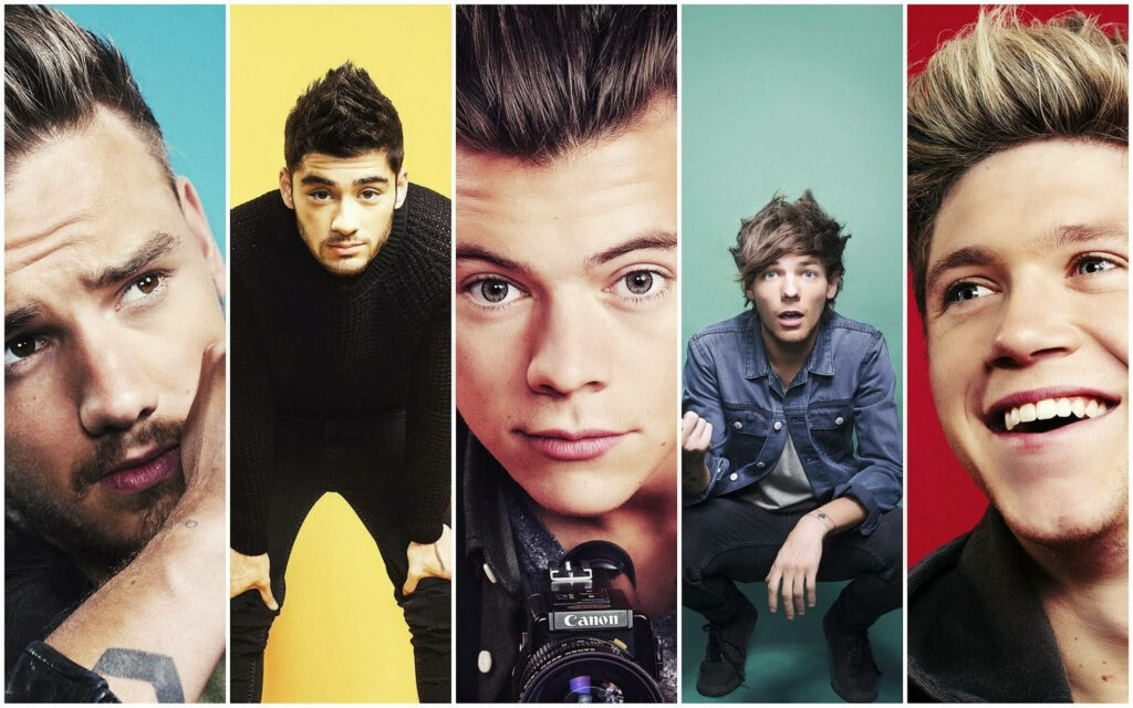 One Direction Members Embrace Vibrant Aesthetics in Colorful Background Portrait Wallpaper
