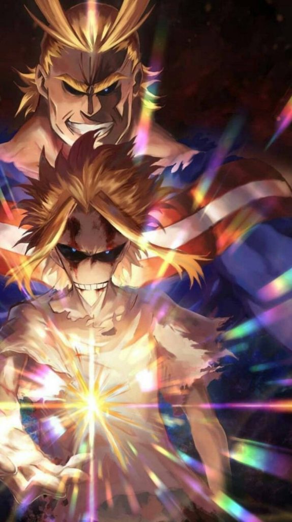 My Hero Academia wallpaper with All Might in true form and hero pose dramatic lighting flares