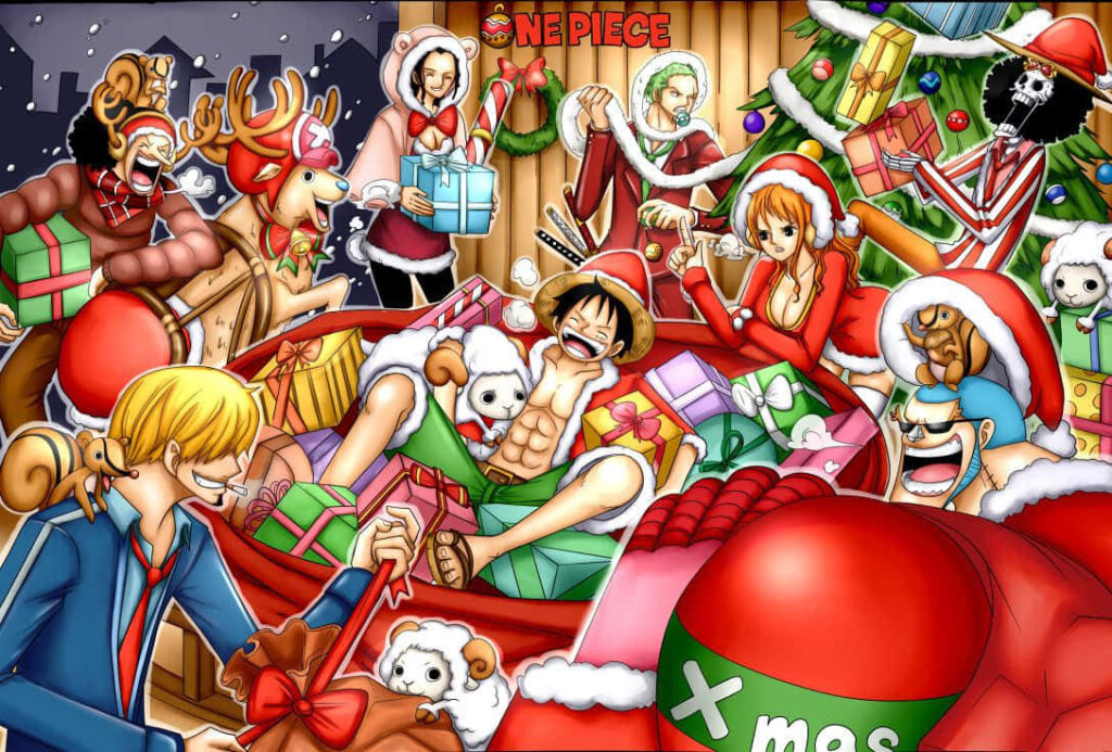 One Piece Holiday Wallpaper: Characters Celebrate Christmas Joyfully