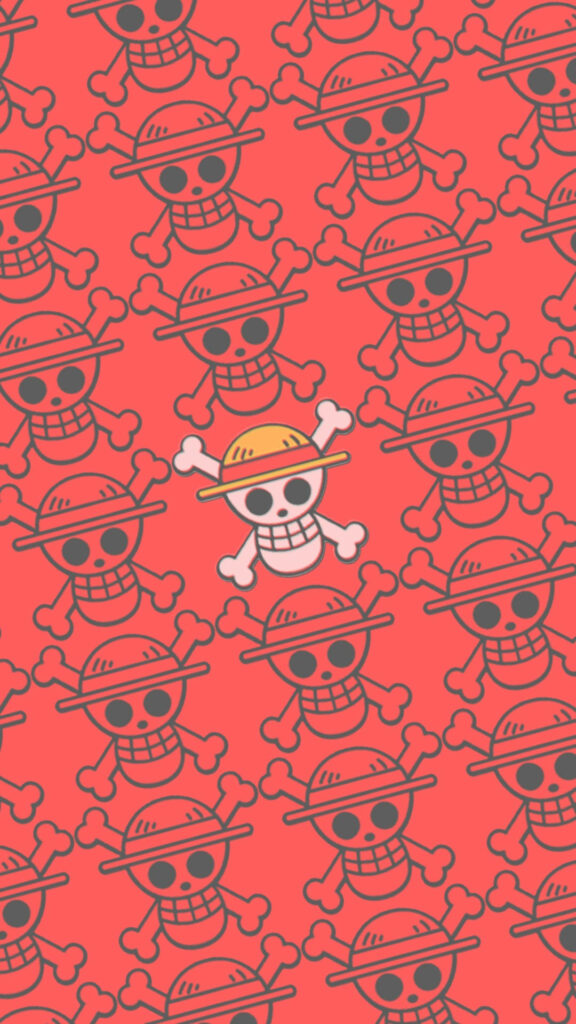 Pirates' Pride: Vibrant Jolly Roger Collage from One Piece Anime - Captivating Phone Wallpaper!