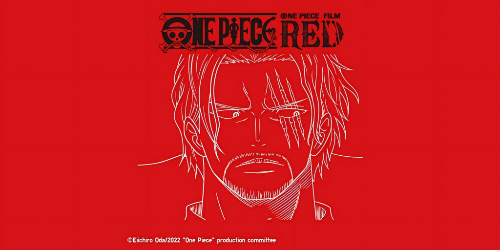 One Piece Film Red wallpaper with minimalist Shanks white line-art on vibrant red background