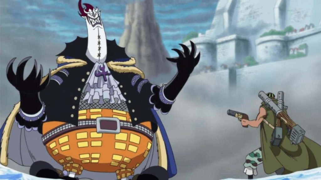 Gekko Moria and Usopp standoff in foggy Thriller Bark fortress anime wallpaper background