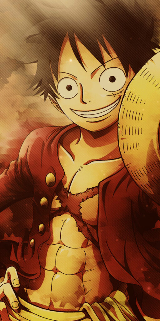 The Grinning Captain: Monkey D. Luffy Flaunts his Iconic Straw Hat in this One Piece Mobile Wallpaper