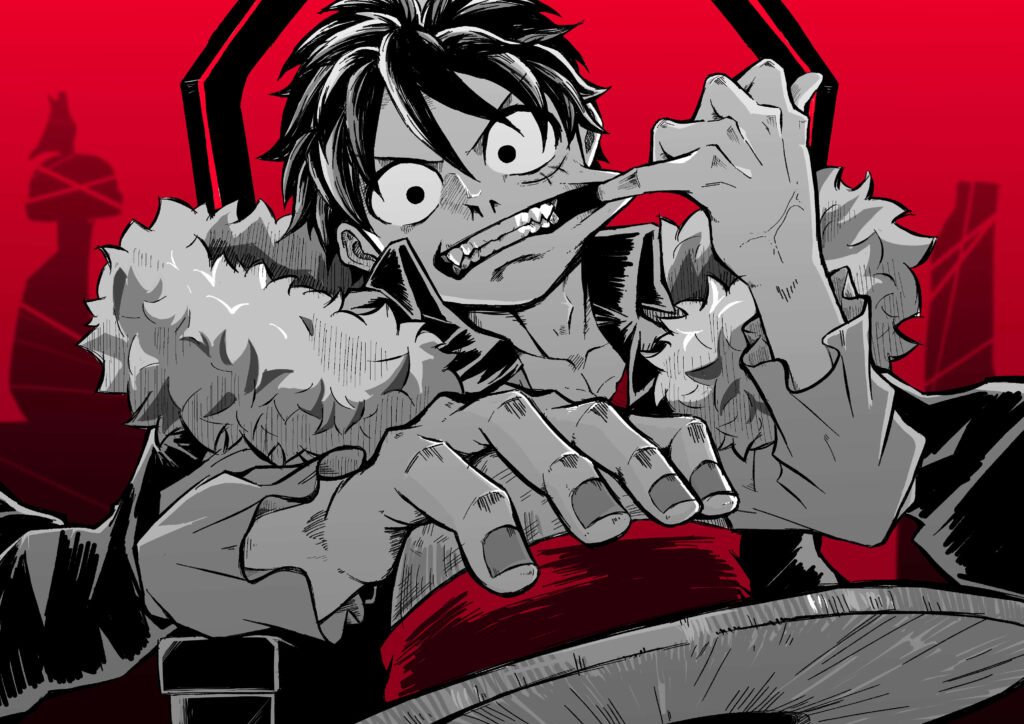 The Captain's Dilemma: Luffy's Red Button Conundrum in Majestic 5k Artwork Wallpaper