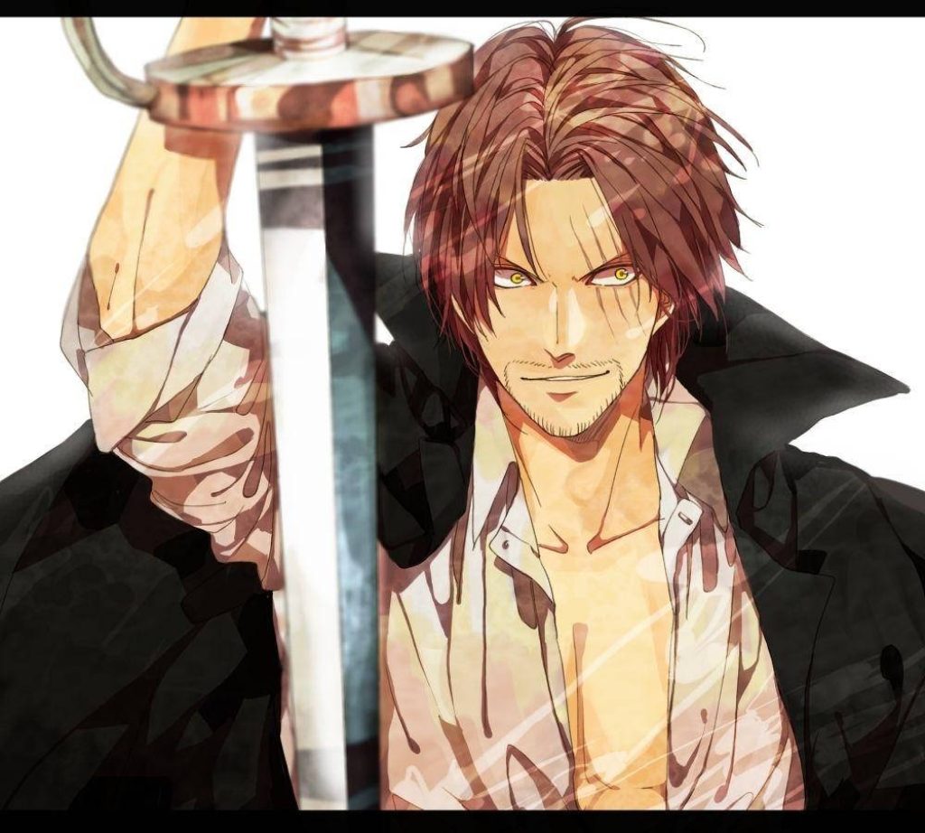 One Piece Shanks wallpaper close-up with sword Gryphon intense red hair scars digital art
