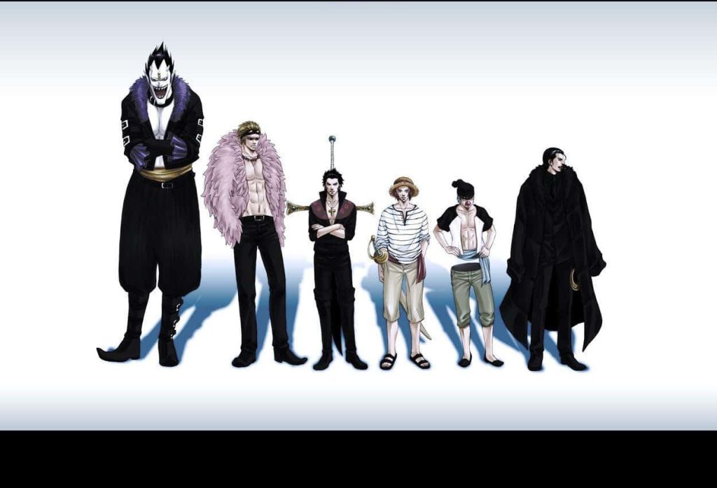 Digital art wallpaper of One Piece Shichibukai members Moria Doflamingo Mihawk Buggy Crocodile